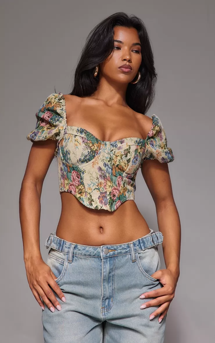 PrettyLittleThing Jacquard Floral Puff Sleeve Crop Top< Going Out