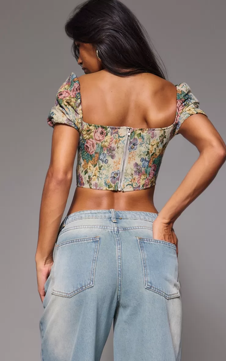 PrettyLittleThing Jacquard Floral Puff Sleeve Crop Top< Going Out