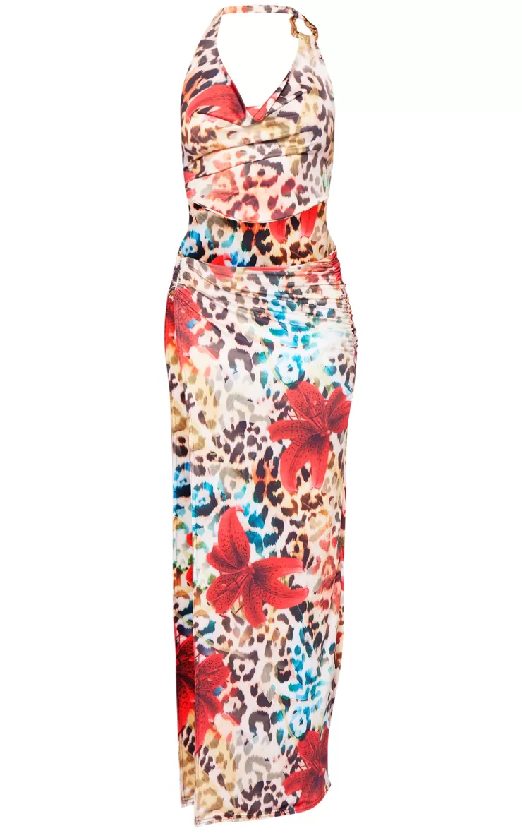 PrettyLittleThing Leopard Floral Print Slinky Cowl Neck Trim Detail Maxi Dress< Going Out