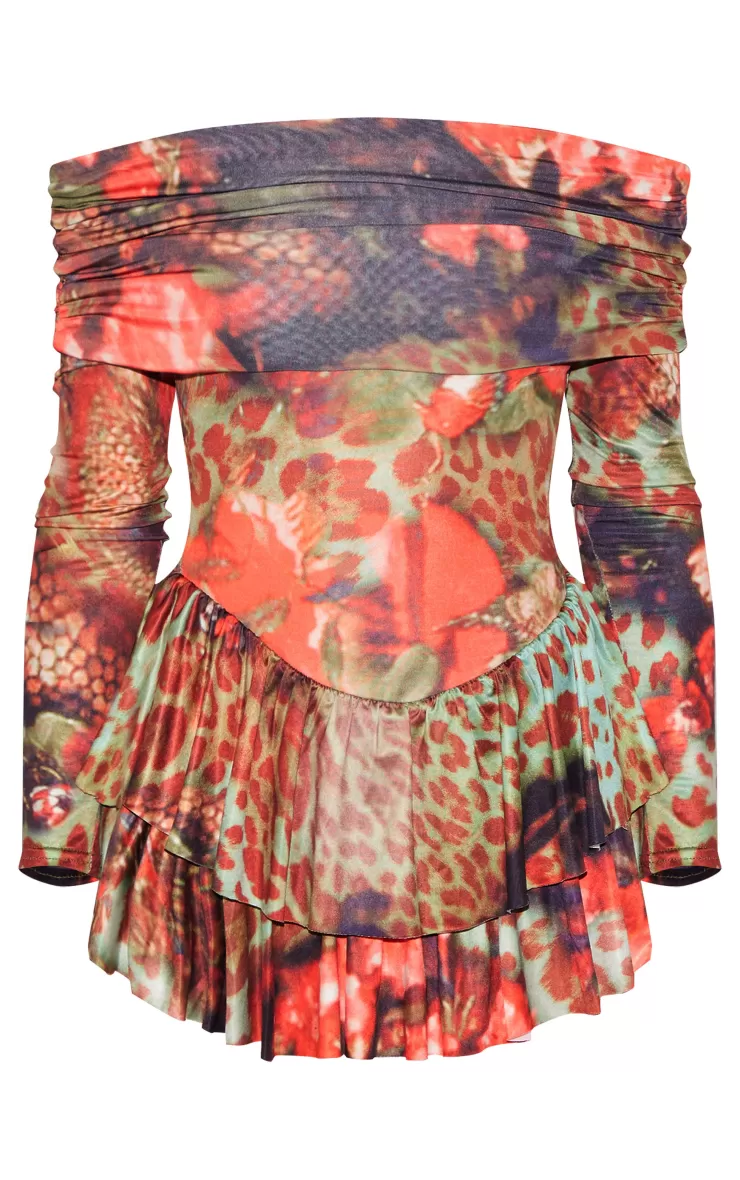 PrettyLittleThing Leopard Print Slinky Long Sleeve Bardot Rara Skort Romper< Going Out