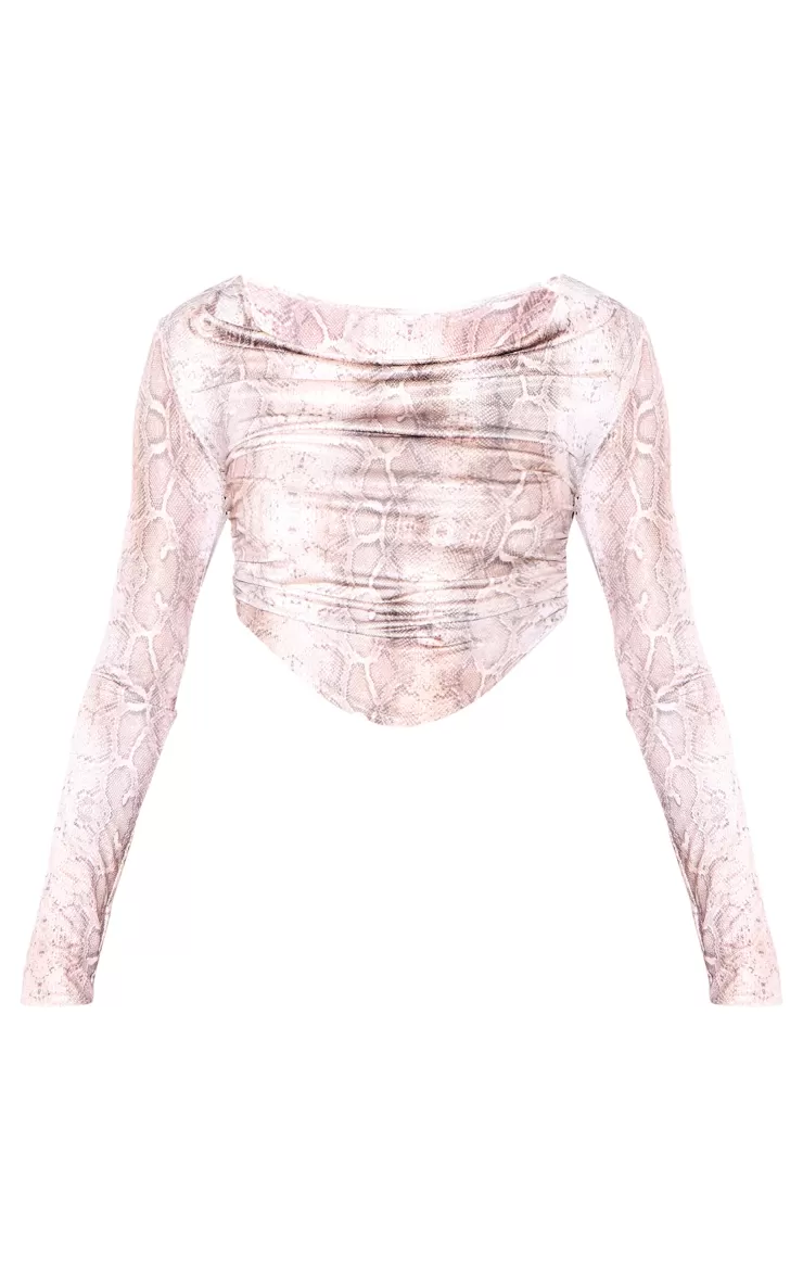 PrettyLittleThing Muted Snake Slinky Print Long Sleeve Cowl Neck Top< Going Out