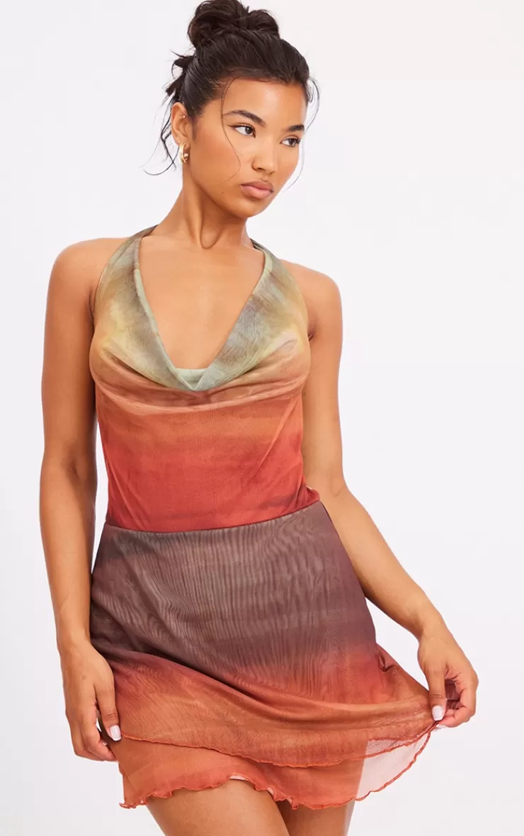 PrettyLittleThing Ombre Print Cowl Neck Bardot Frill Hem Shift Dress< Shift Dresses