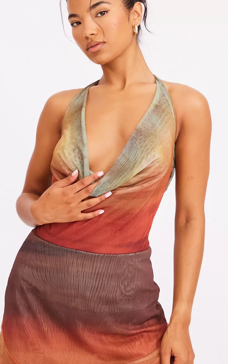 PrettyLittleThing Ombre Print Cowl Neck Bardot Frill Hem Shift Dress< Shift Dresses