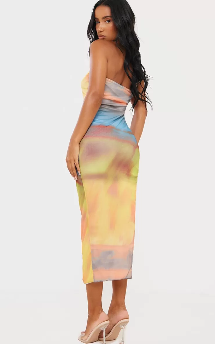 PrettyLittleThing Ombre Print Mesh Bandeau Thigh Split Midaxi Dress< Strapless Dresses
