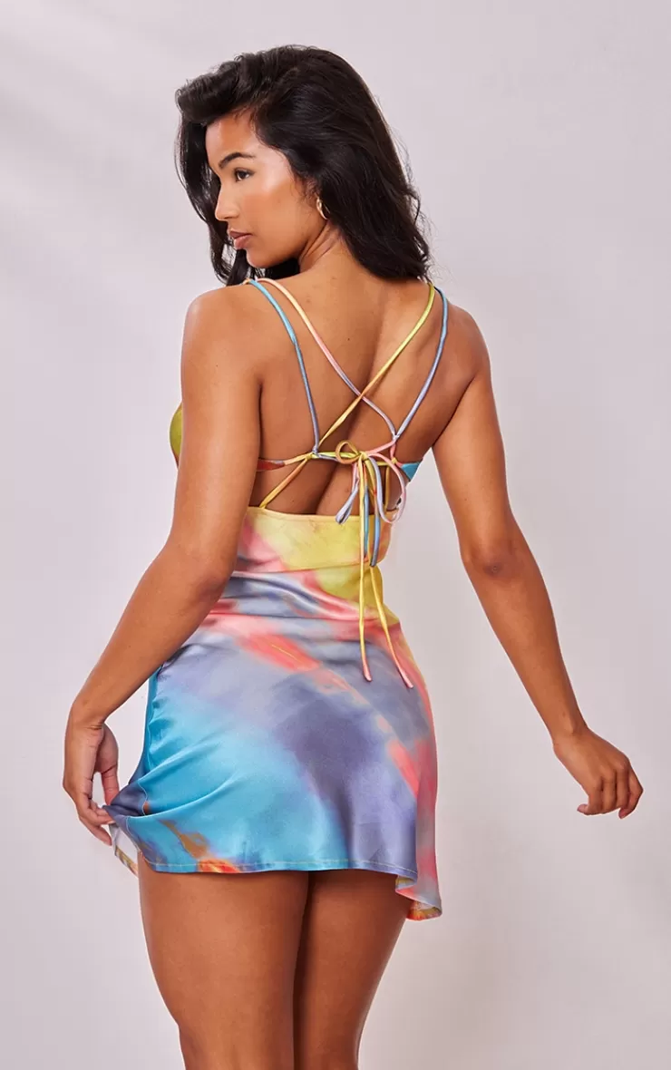 PrettyLittleThing Ombre Print Satin Cowl Tie Back Shift Dress< Going Out