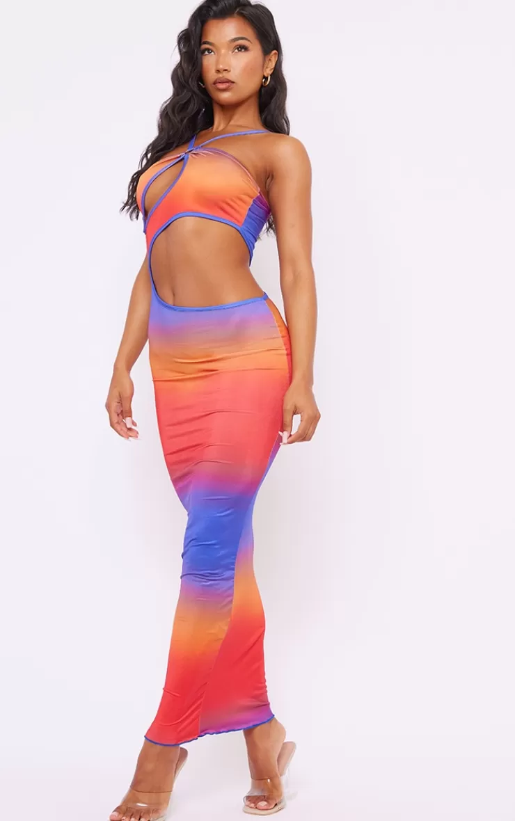 PrettyLittleThing Ombre Print Slinky Ring Detail Cut Out Maxi Dress< Maxi Dresses