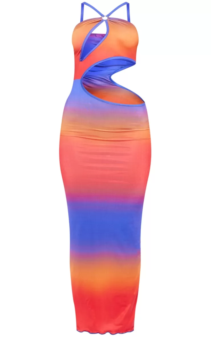 PrettyLittleThing Ombre Print Slinky Ring Detail Cut Out Maxi Dress< Maxi Dresses