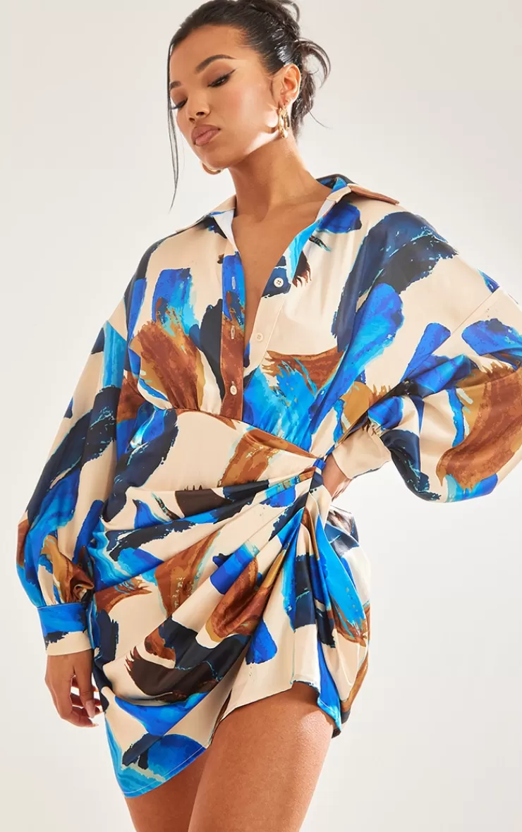 PrettyLittleThing Paint Print Satin Drape Skirt Oversized Sleeve Shirt Dress< Shirt Dresses