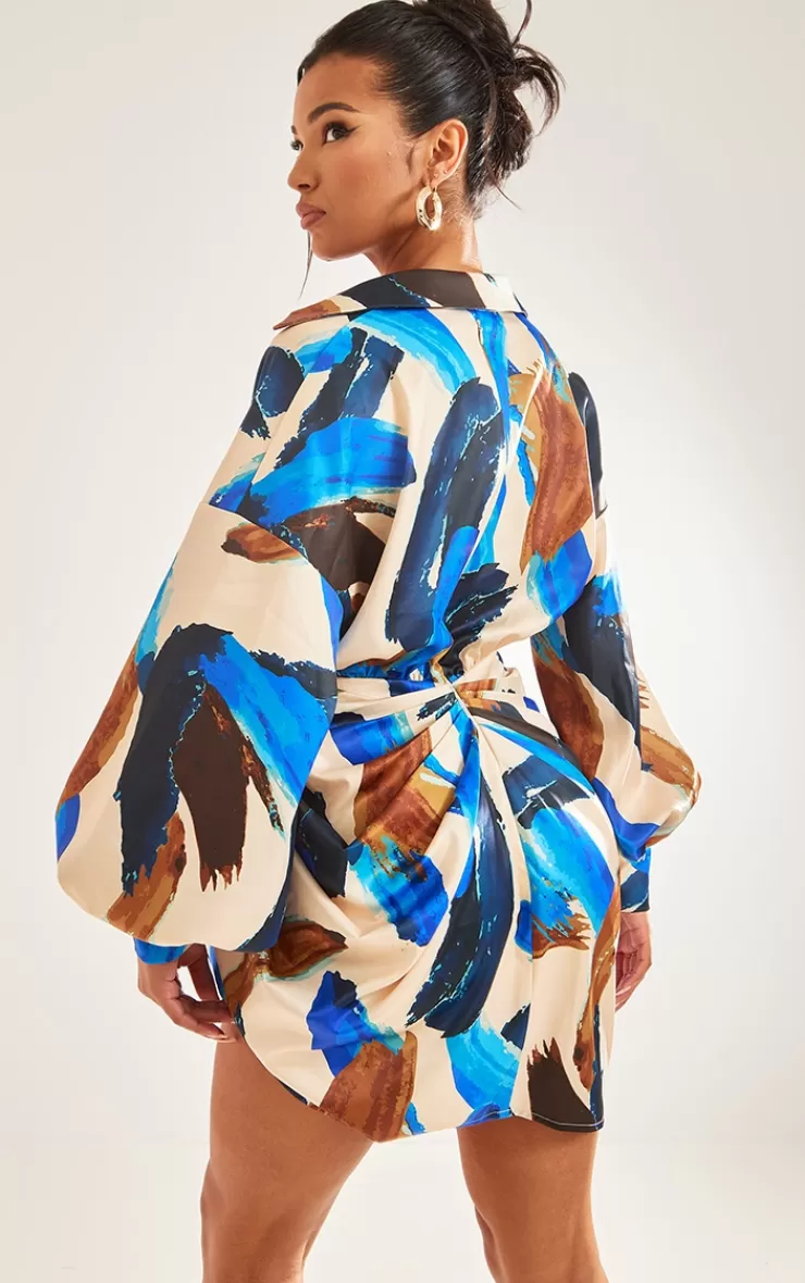 PrettyLittleThing Paint Print Satin Drape Skirt Oversized Sleeve Shirt Dress< Shirt Dresses