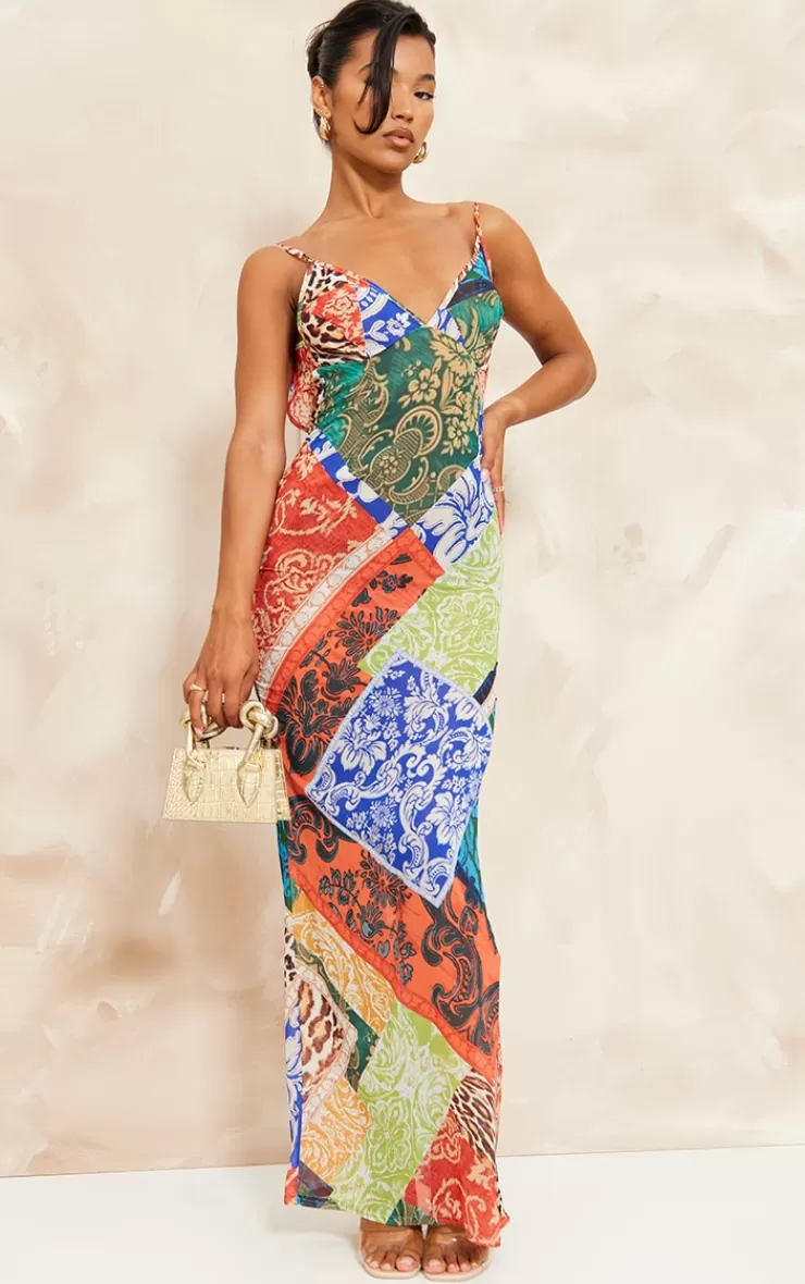 PrettyLittleThing Patchwork Paisley Print Strappy Backless Maxi Dress< Maxi Dresses