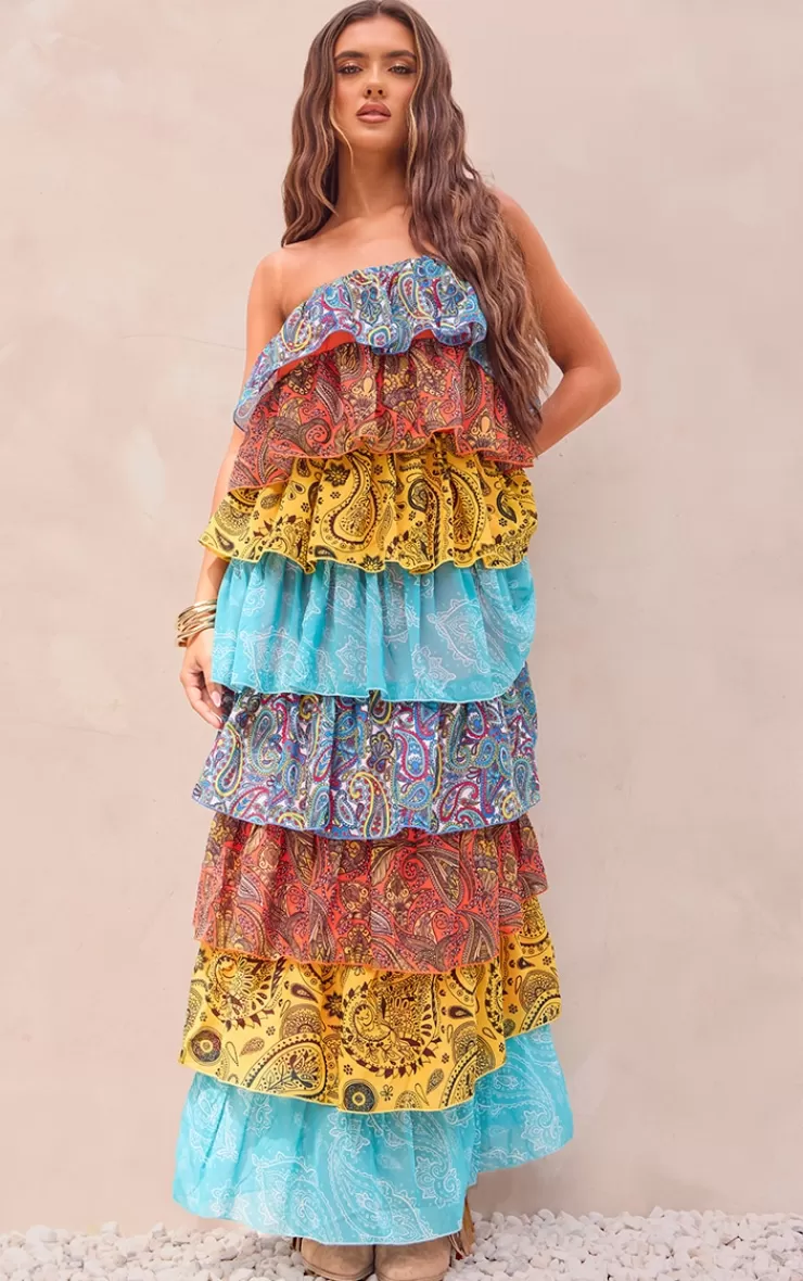 PrettyLittleThing Patchwork Paisley Print Tiered Maxi Dress< Maxi Dresses