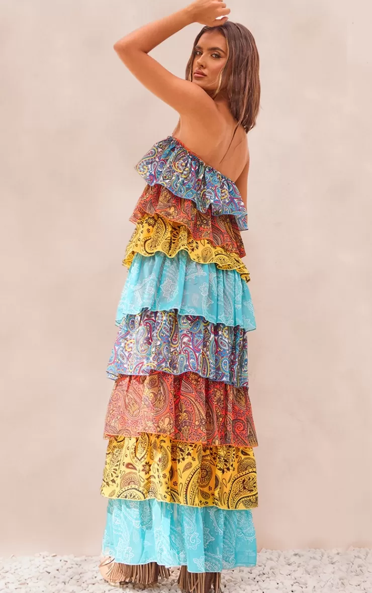 PrettyLittleThing Patchwork Paisley Print Tiered Maxi Dress< Maxi Dresses