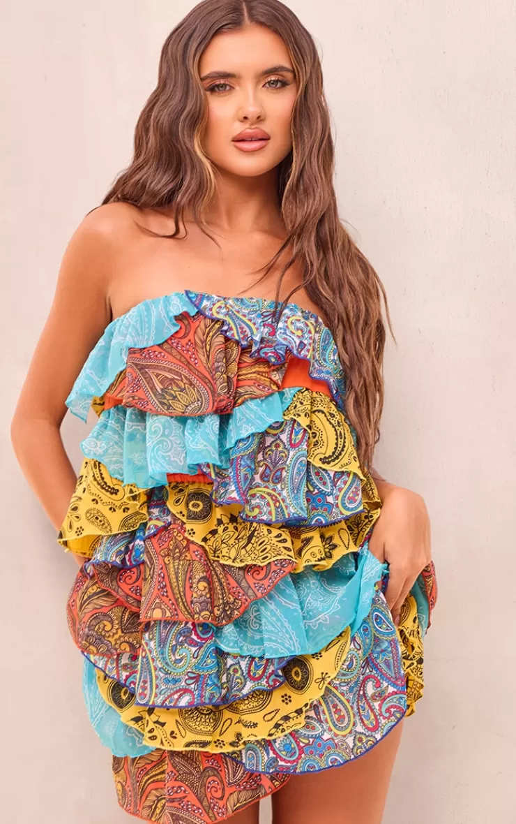 PrettyLittleThing Patchwork Paisley Print Tiered Mini Dress< Maxi Dresses