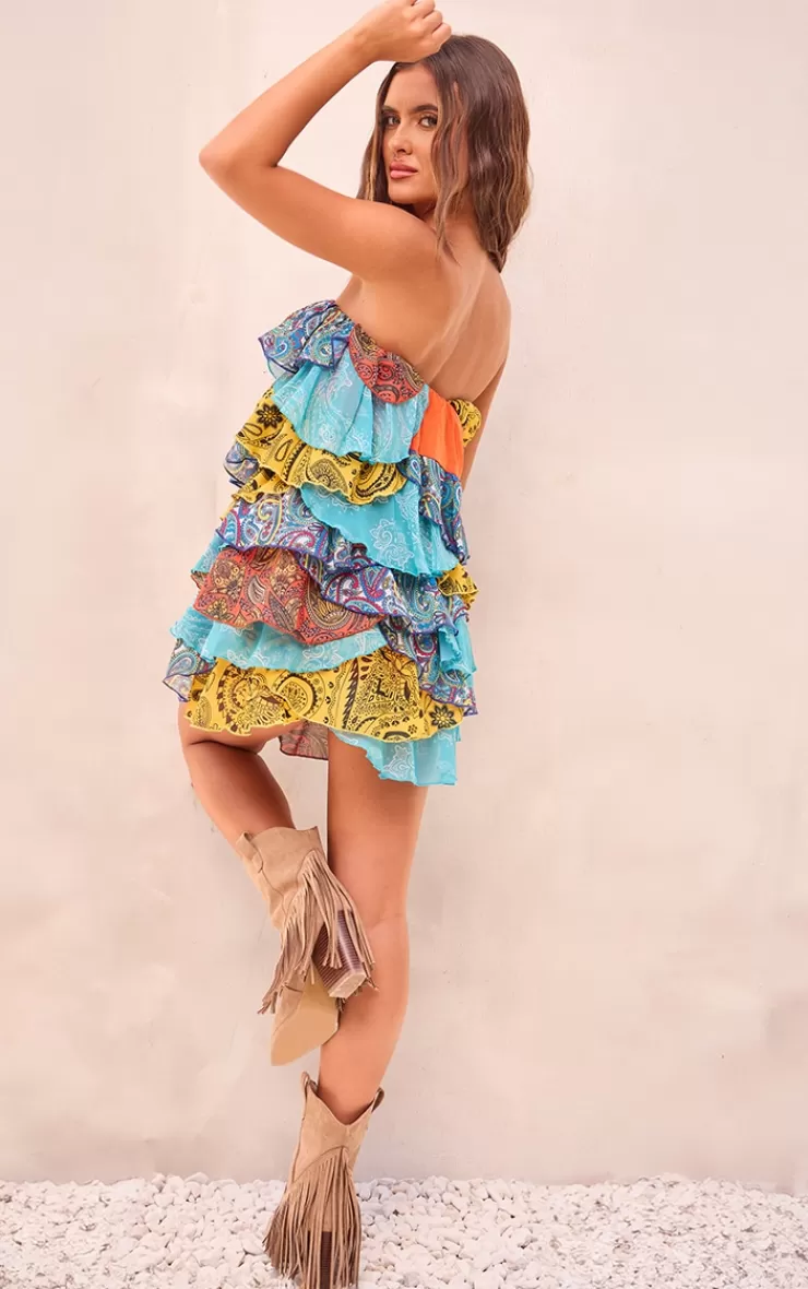 PrettyLittleThing Patchwork Paisley Print Tiered Mini Dress< Maxi Dresses