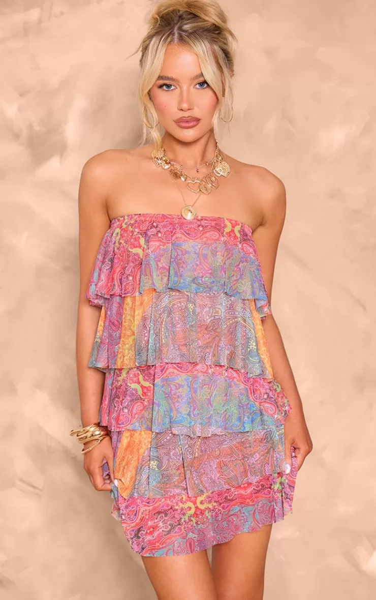PrettyLittleThing Patchwork Printed Bandeau Mesh Rara Mini Dress< Going Out