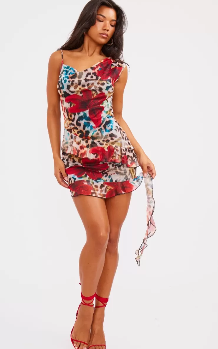 PrettyLittleThing Print Asymmetric Neck Frill Detail Bodycon Dress< Mini Dresses