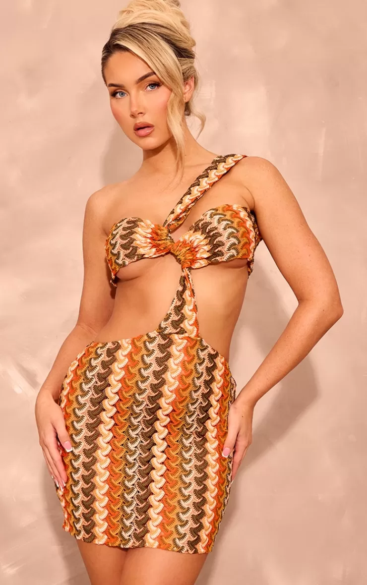 PrettyLittleThing Print Crochet Cut Out One Shoulder Mini Dress< Mini Dresses