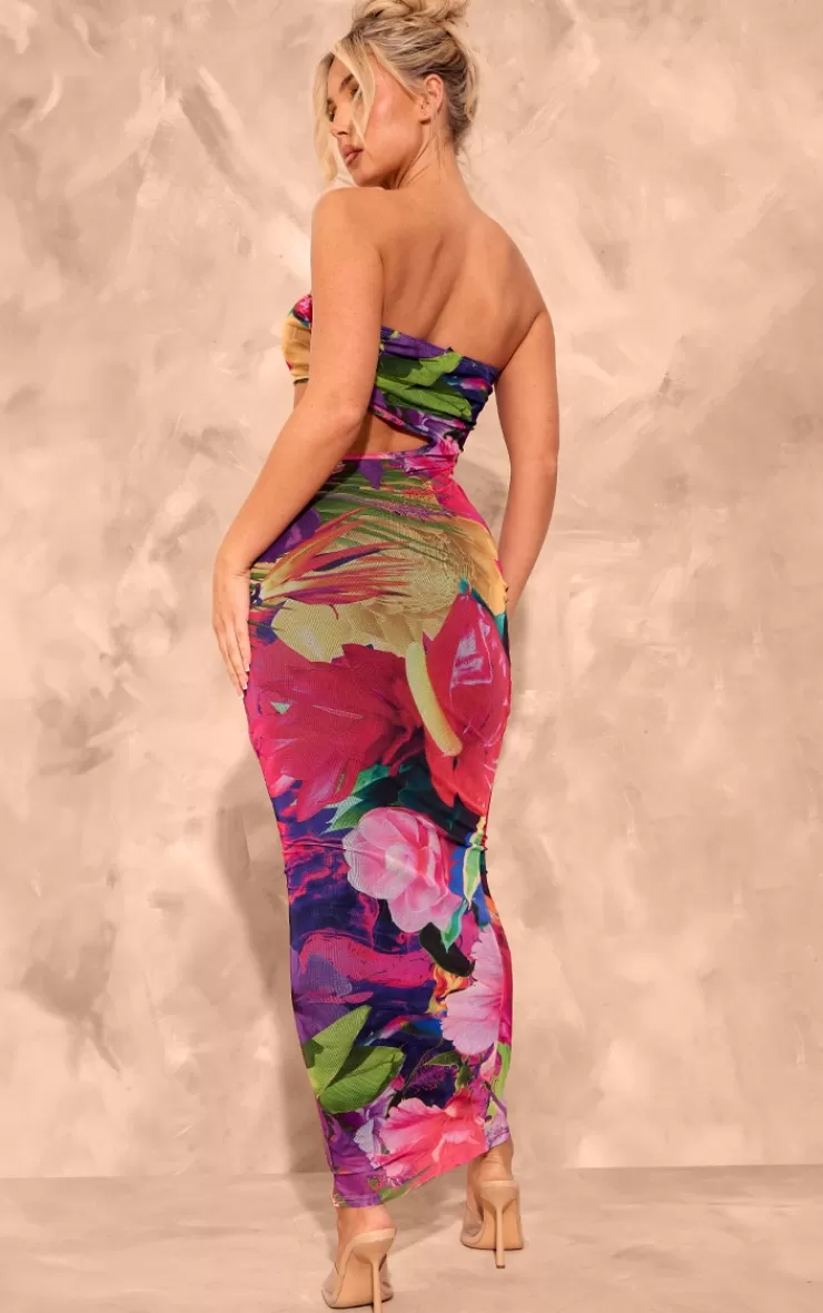 PrettyLittleThing Print Meshed Cut Out Midaxi Dress< Midi Dresses