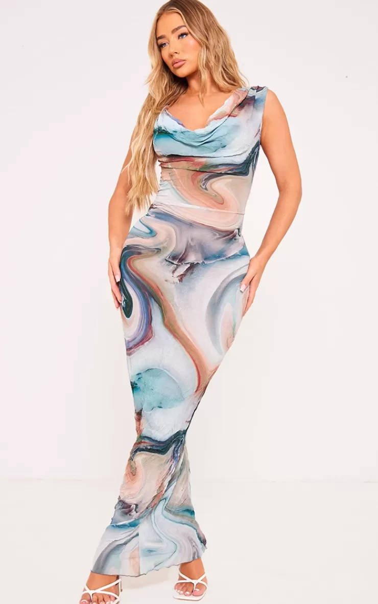 PrettyLittleThing Printed Crinkle Mesh Cowl Neck Midi Dress< Midi Dresses
