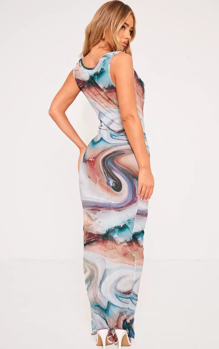 PrettyLittleThing Printed Crinkle Mesh Cowl Neck Midi Dress< Midi Dresses