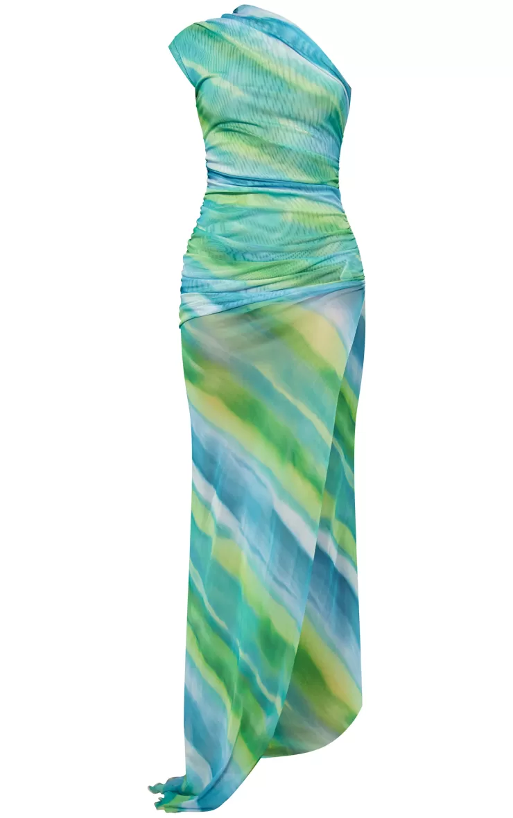 PrettyLittleThing Printed Mesh Ruched One Shoulder Thigh Split Maxi Dress< Maxi Dresses