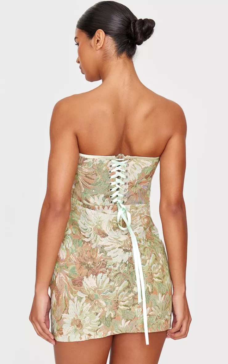 PrettyLittleThing Tapestry Bandeau Lace Up Back Bodycon Dress< Going Out