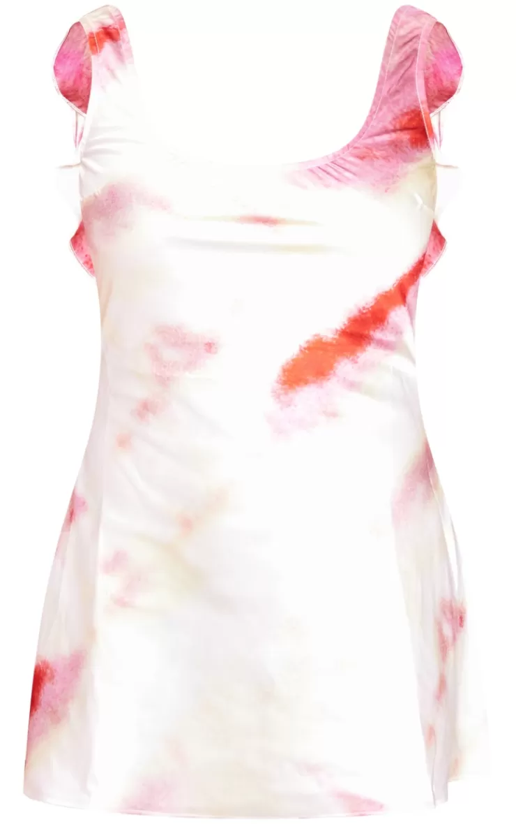 PrettyLittleThing Tie Dye Print Satin Frill Detail Low Back Shift Dress< Going Out