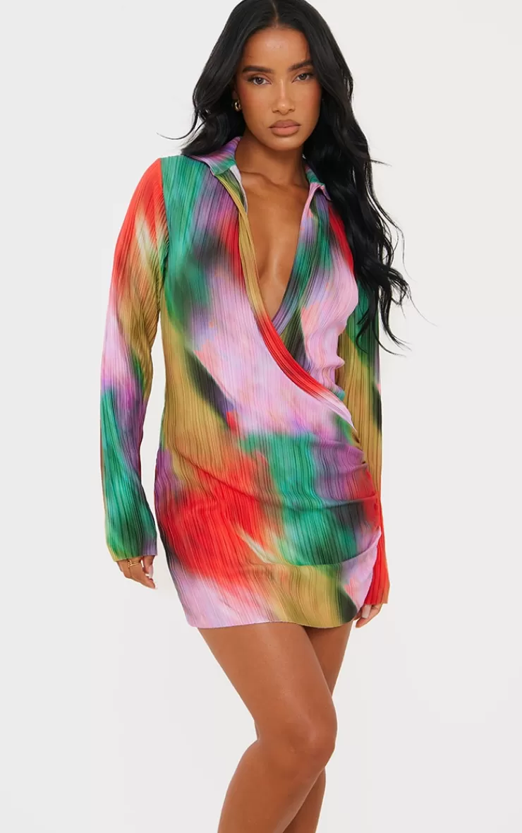 PrettyLittleThing Watercolour Print Plisse Plunge Drape Shirt Dress< Shirt Dresses