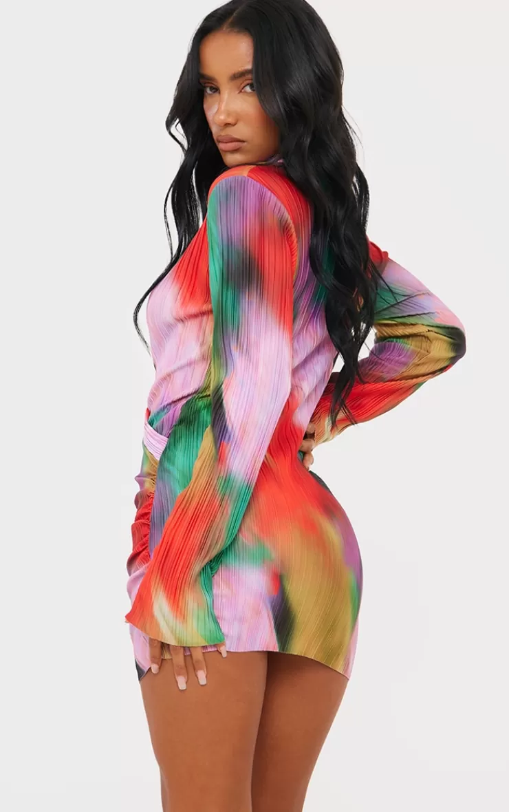 PrettyLittleThing Watercolour Print Plisse Plunge Drape Shirt Dress< Shirt Dresses