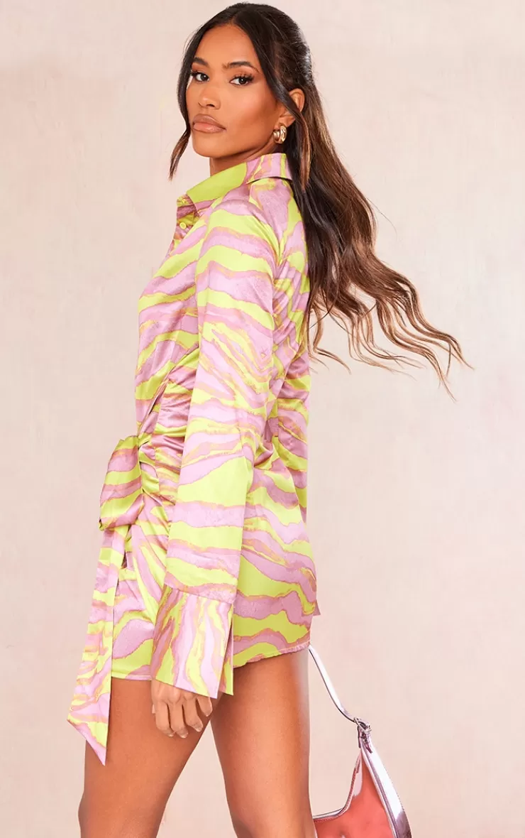 PrettyLittleThing Zebra Print Satin Tie Detail Shirt Dress< Shirt Dresses