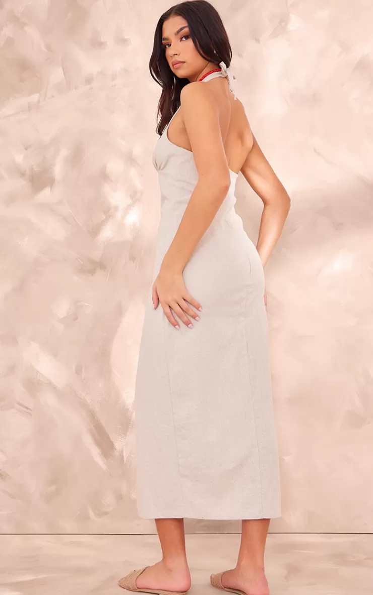 PrettyLittleThing Halterneck Linen Look Midi Dress< Midi Dresses