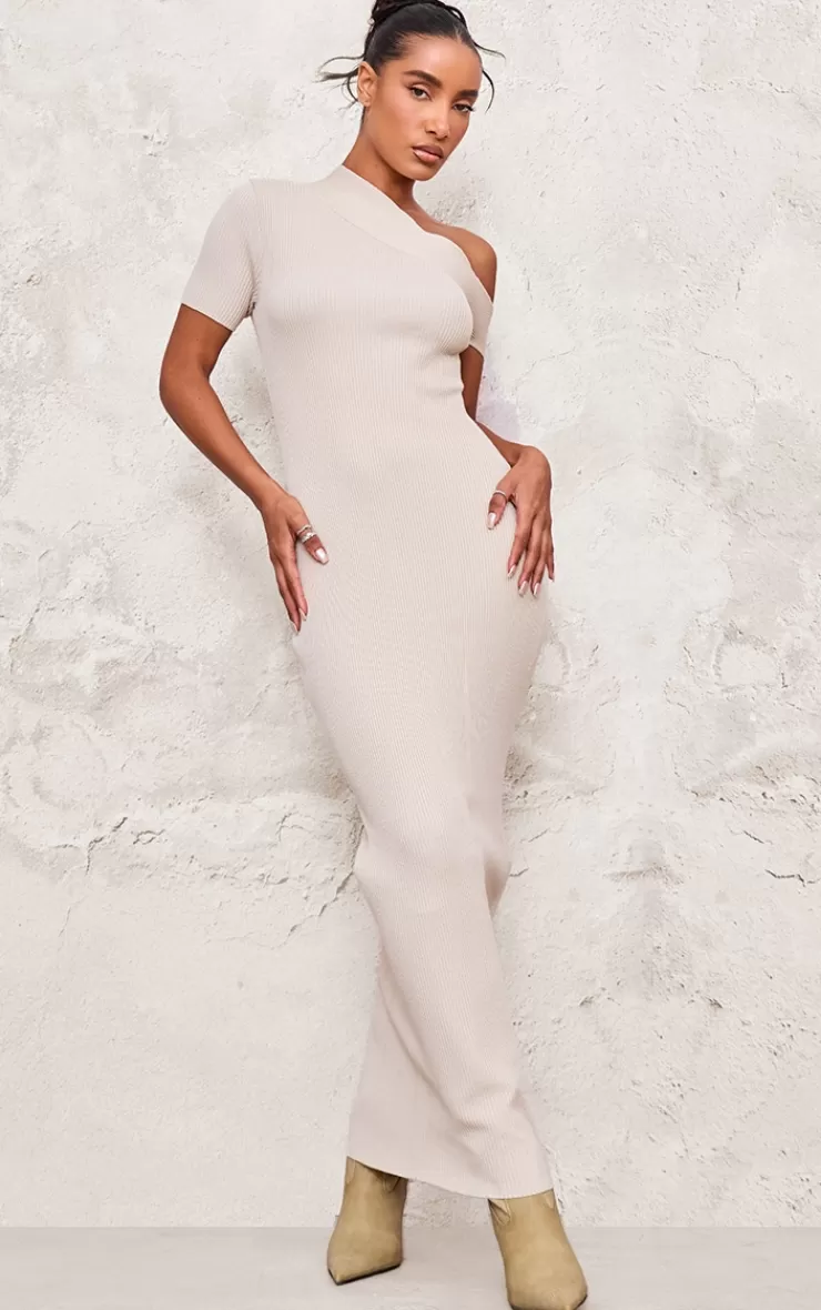 PrettyLittleThing Rib Knit Asymmetric Neck Ruched Side Maxi Dress< Maxi Dresses