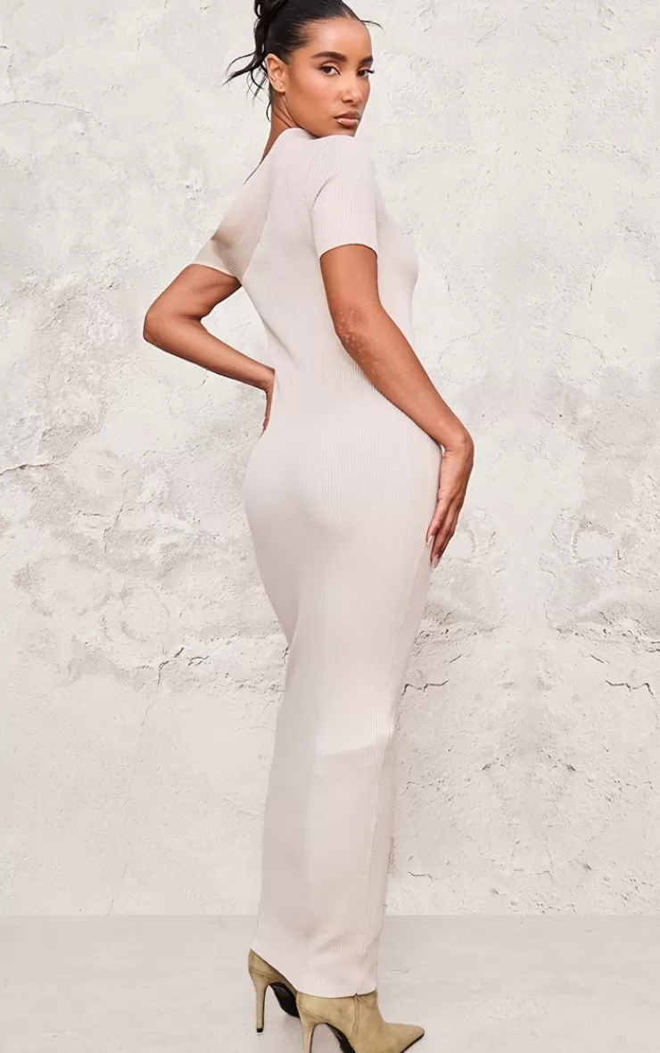 PrettyLittleThing Rib Knit Asymmetric Neck Ruched Side Maxi Dress< Maxi Dresses
