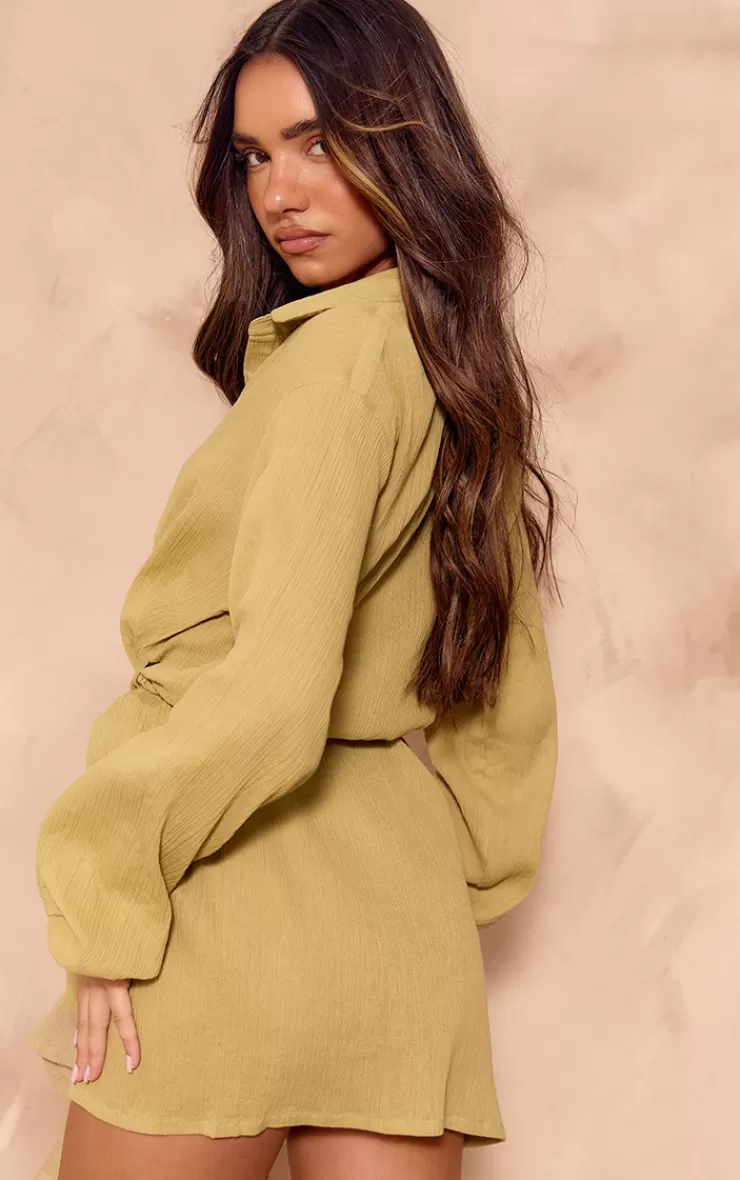 PrettyLittleThing Cotton Crepe Tie Waist Shift Dress< Shirt Dresses