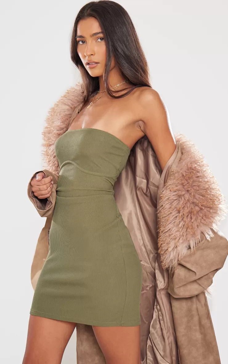 PrettyLittleThing Ribbed Bandeau Underbust Detail Bodycon Dress< Strapless Dresses