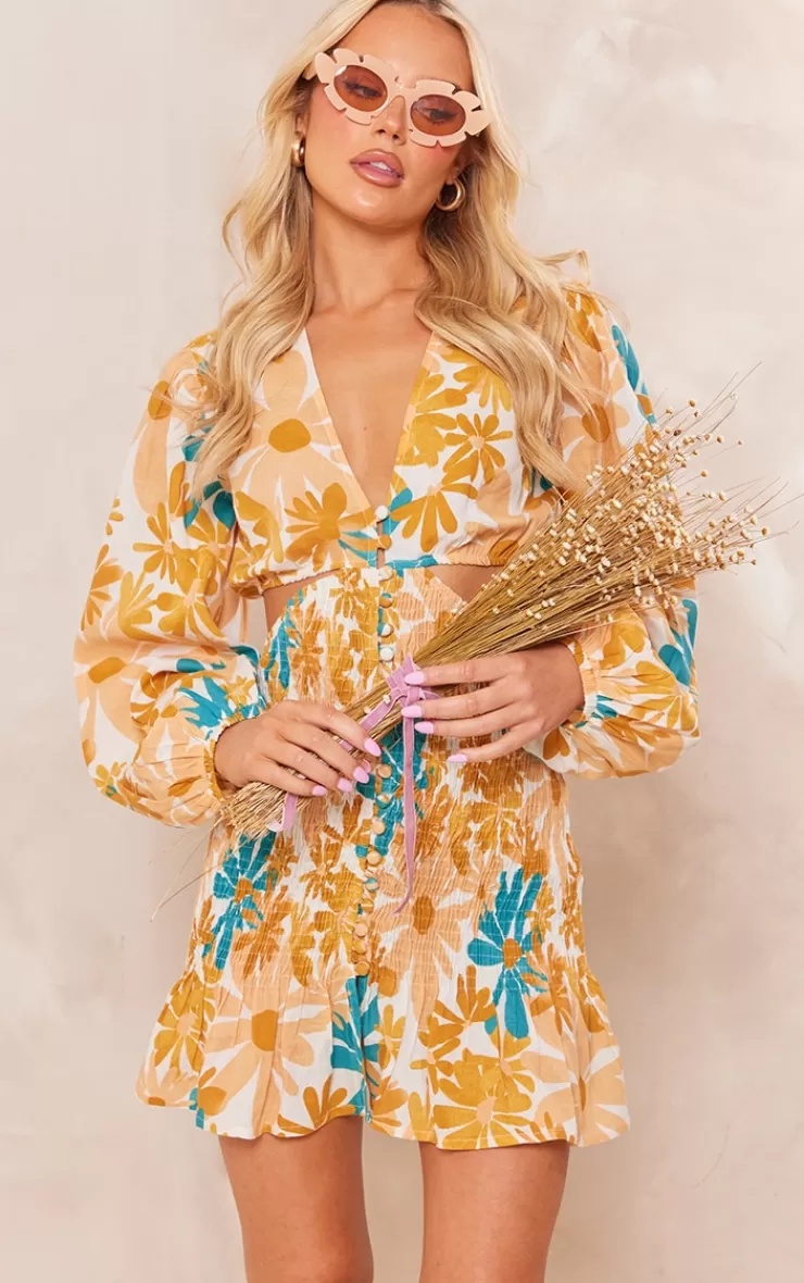 PrettyLittleThing Floral Shirred Button Cut Out Long Sleeve Bodycon Dress< Cut Out Dresses