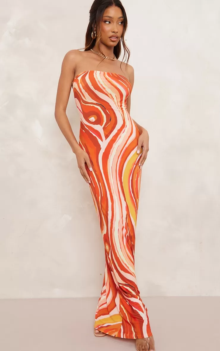 PrettyLittleThing Swirl Print Slinky Bandeau Maxi Dress< Strapless Dresses