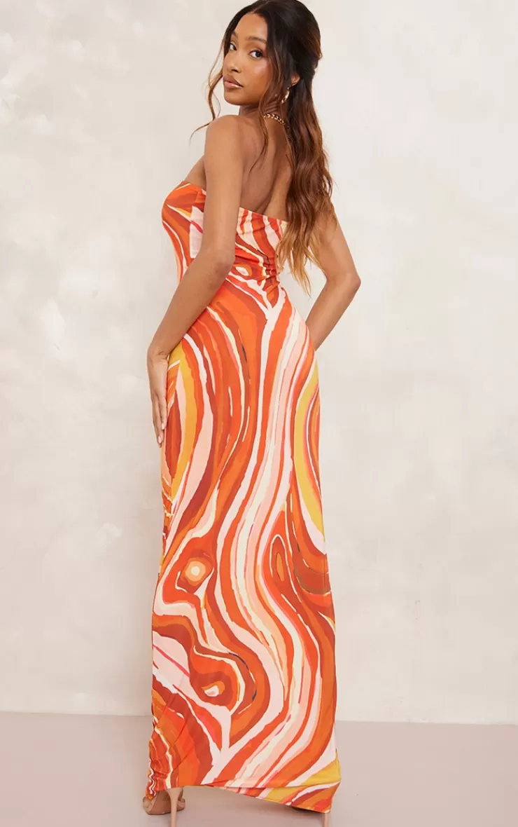PrettyLittleThing Swirl Print Slinky Bandeau Maxi Dress< Strapless Dresses