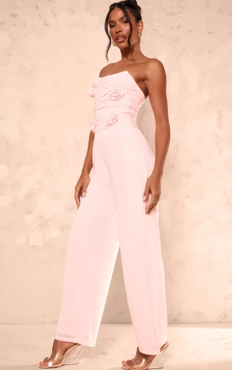 PrettyLittleThing Mesh Overlay Bandeau Rose Applique Jumpsuit< Wedding Guest Jumpsuits