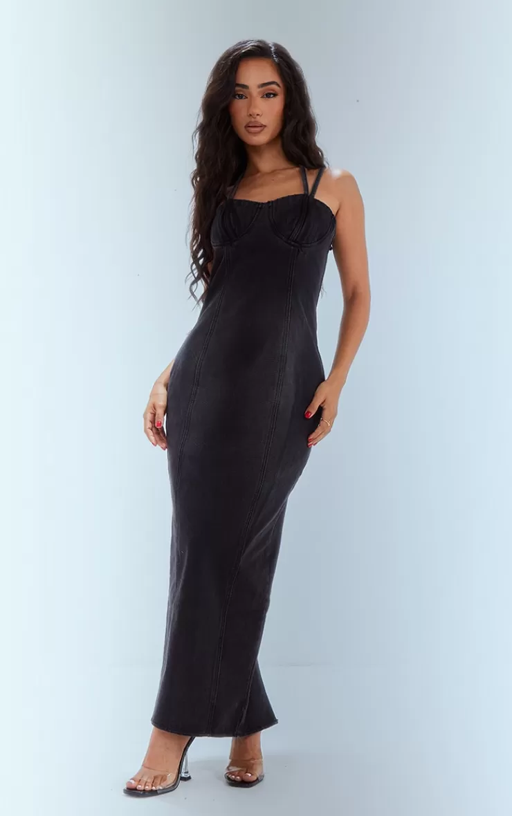 PrettyLittleThing Petite Denim Strappy Cup Detail Midaxi Dress< Petite Wedding Guest Dresses