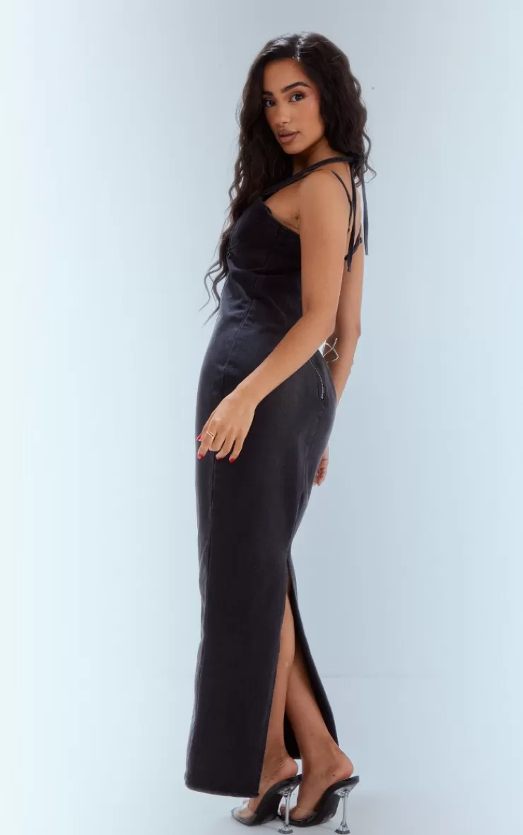PrettyLittleThing Petite Denim Strappy Cup Detail Midaxi Dress< Petite Wedding Guest Dresses