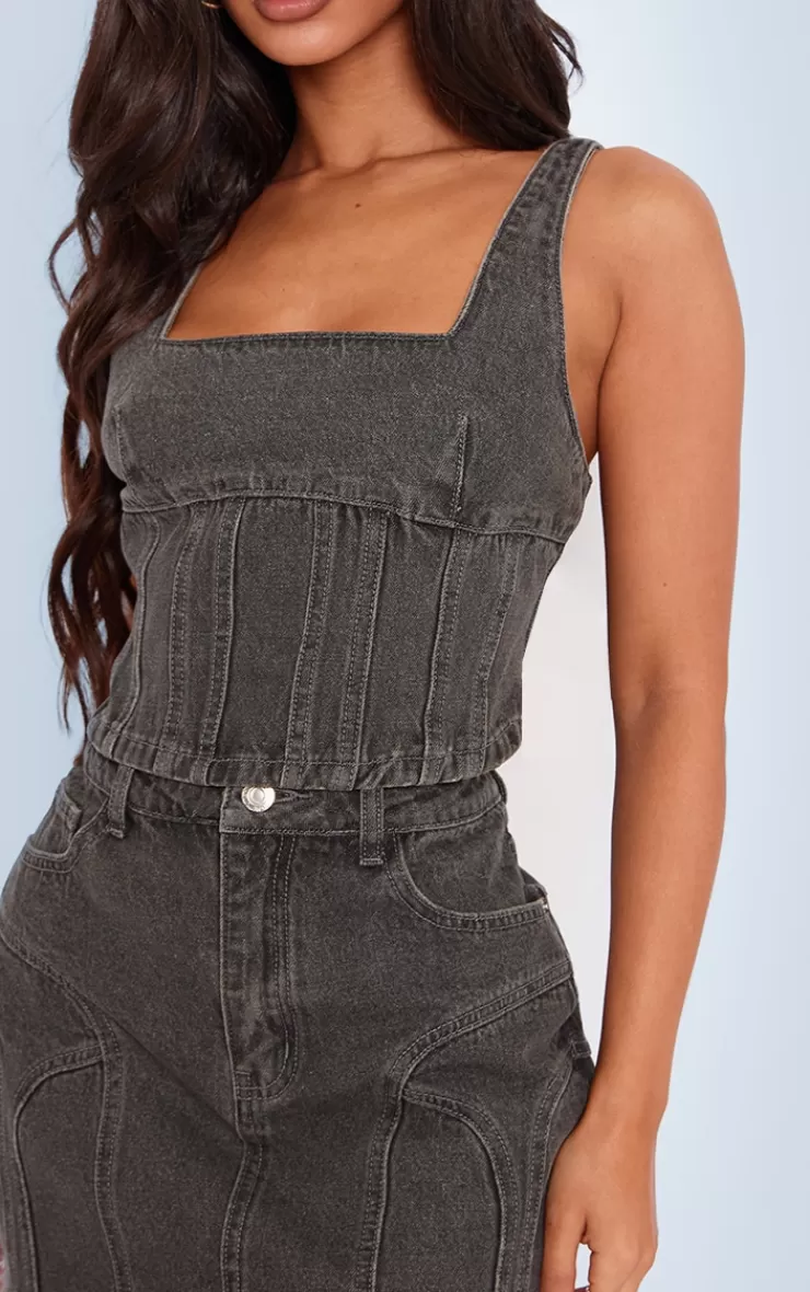PrettyLittleThing Petite Denim Seam Detail Corset Top< Going Out