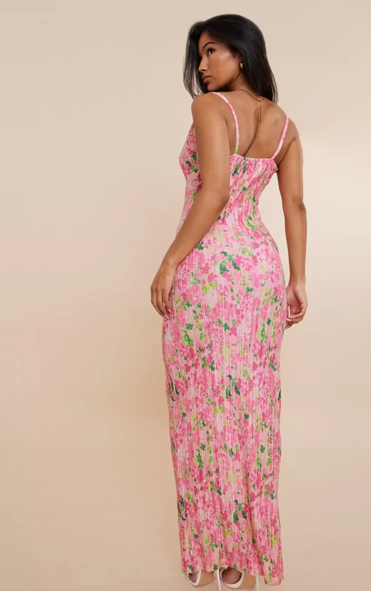 PrettyLittleThing Abstract Floral Printed Plisse Strappy Maxi Dress< Wedding Guest Dresses