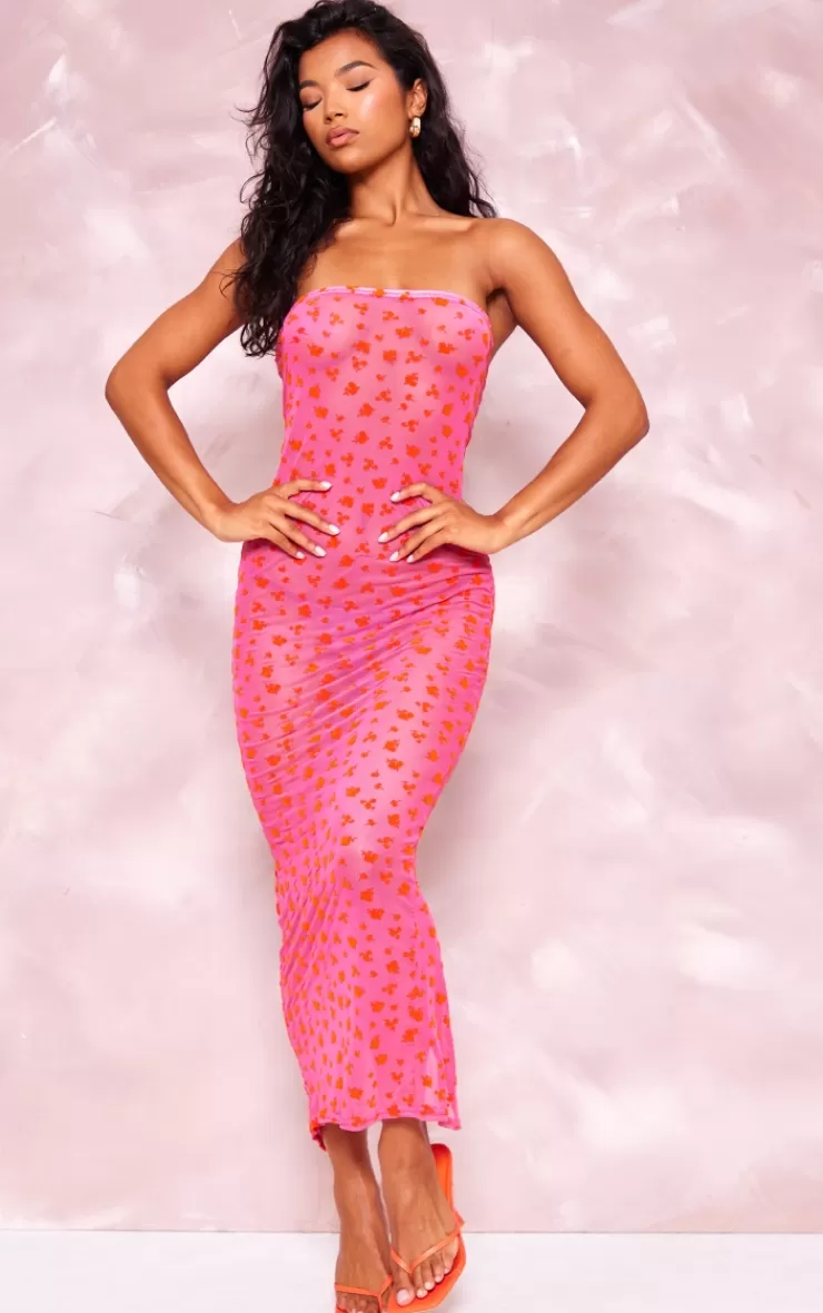 PrettyLittleThing Floral Sheer Mesh Bandeau Midaxi Dress< Strapless Dresses