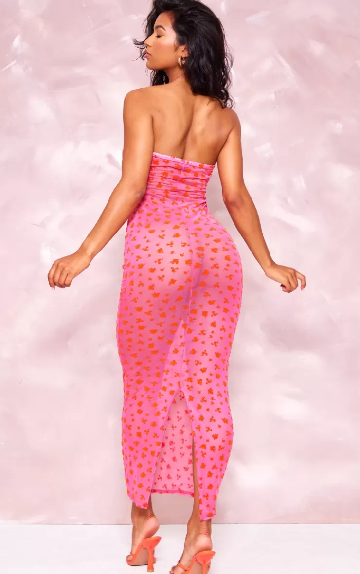 PrettyLittleThing Floral Sheer Mesh Bandeau Midaxi Dress< Strapless Dresses