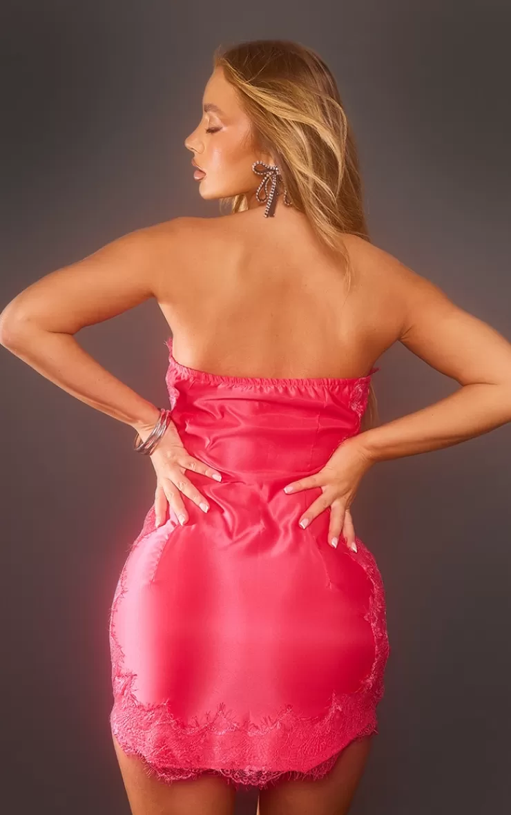 PrettyLittleThing Lace Trim Satin Tailored Bandeau Bodycon Dress< Strapless Dresses
