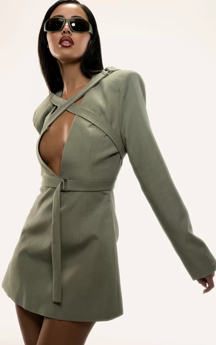 PrettyLittleThing PLT Label Strap Detail Cross Over A-line Blazer Dress< Blazer Dresses