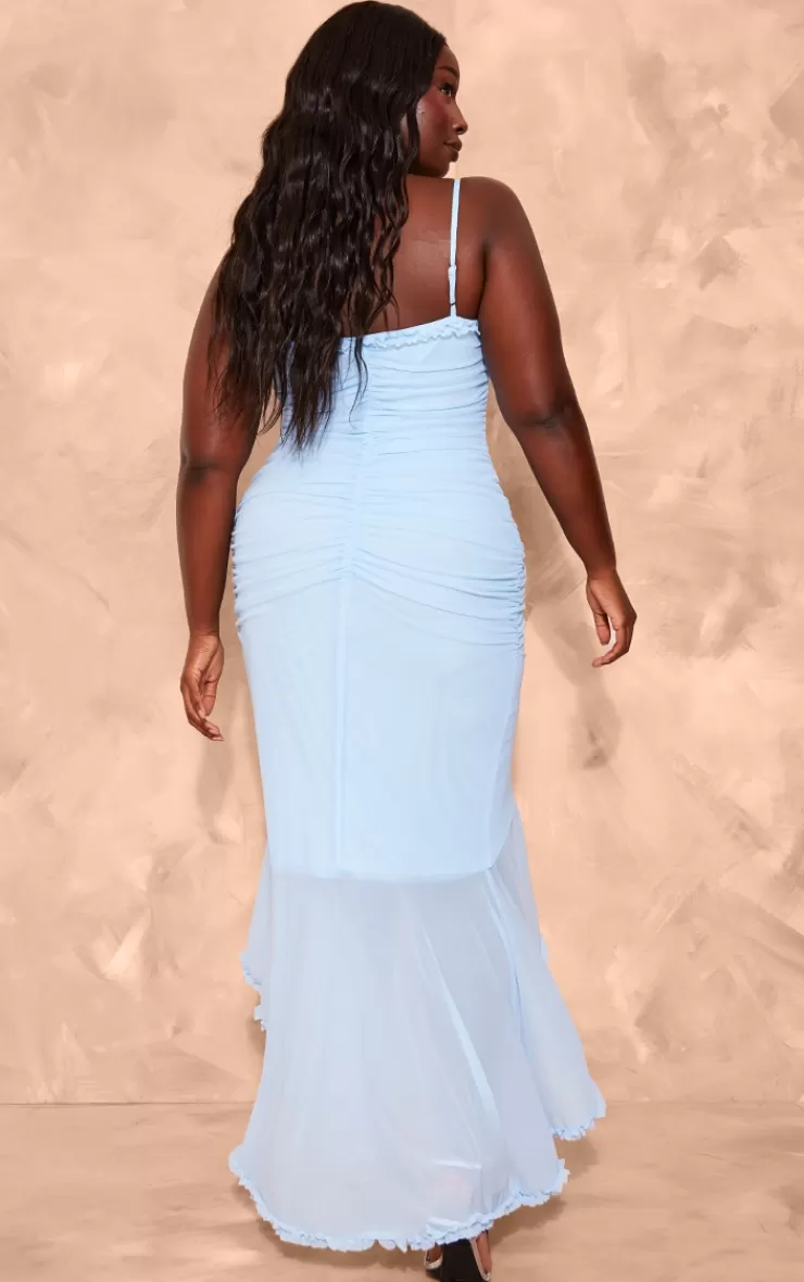 PrettyLittleThing Plus Mesh Ruffle Cut Out Flared Maxi Dress< Plus Size Wedding Guest Dresses