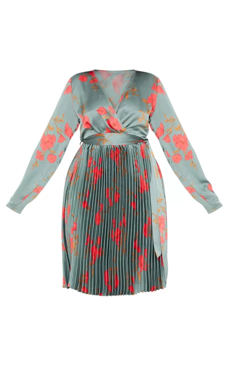 PrettyLittleThing Plus Floral Print Long Sleeve Pleated Midi Dress< Plus Size Wedding Guest Dresses