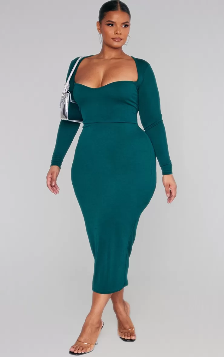 PrettyLittleThing Plus Sweetheart Neck Long Sleeve Midi Dress< Plus Size Wedding Guest Dresses